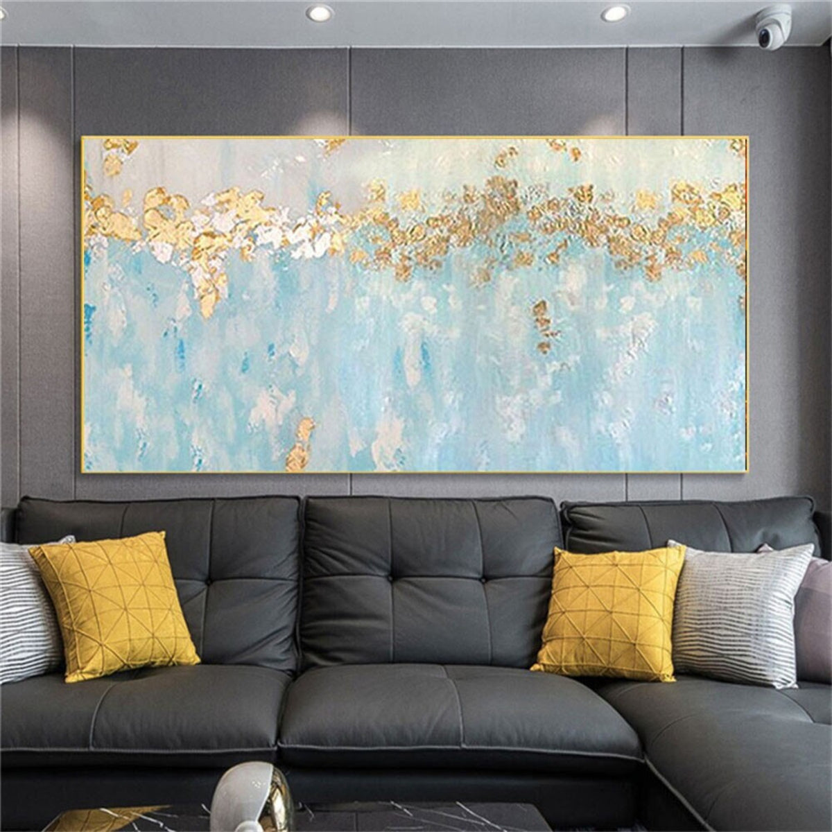 Room mockup. A broken gold-coloured canopy stretches above pale turquoise and white textured strokes and fine drips.