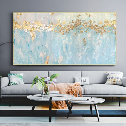 Room mockup. A broken gold-coloured canopy stretches above pale turquoise and white textured strokes and fine drips.