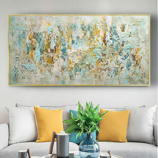 Room mockup. Dense pale turquoise, cream, grey and ochre textured marks form a layered horizontal abstract composition.