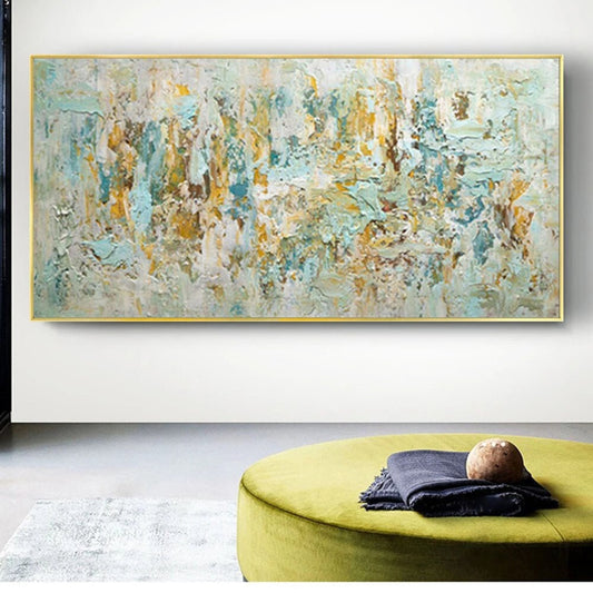 Room mockup. Dense pale turquoise, cream, grey and ochre textured marks form a layered horizontal abstract composition.
