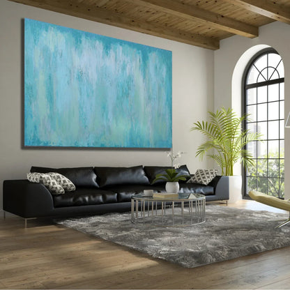 Room mockup showing pale turquoise and white abstract painting with soft washes and faint vertical streaks.