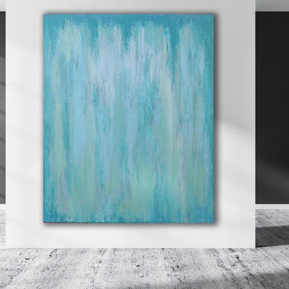 Room mockup showing pale turquoise and white abstract painting with soft washes and faint vertical streaks.
