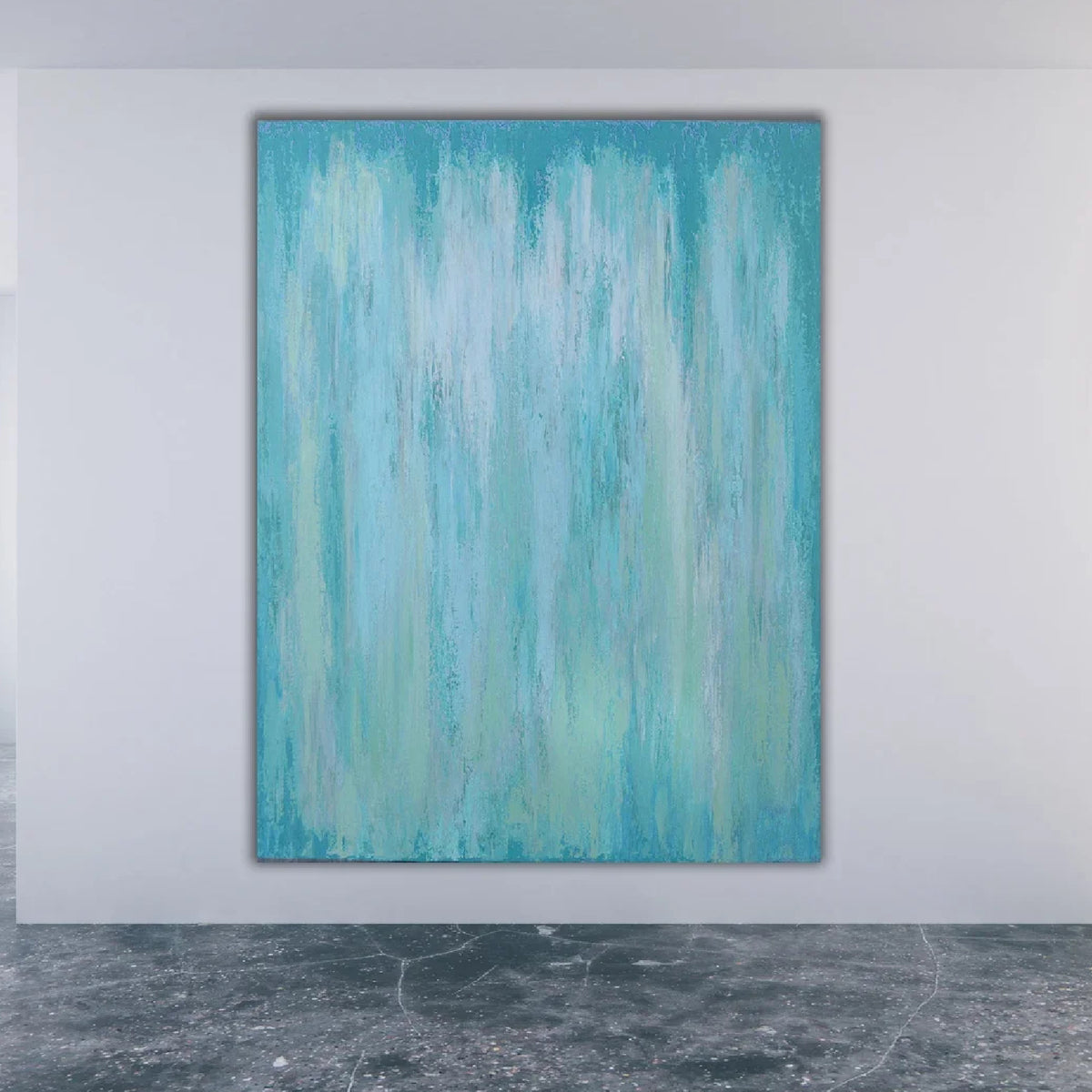 Room mockup showing pale turquoise and white abstract painting with soft washes and faint vertical streaks.