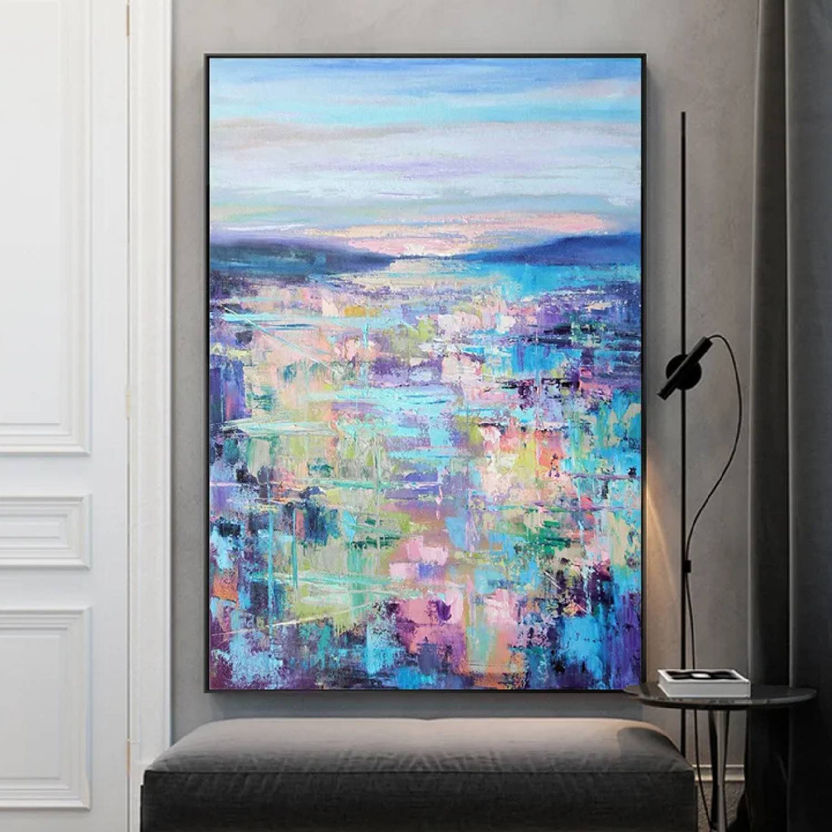 Room mockup. Pastel blue, pink, mint and purple textured patches below low blue hills and a pale softly striped sky.