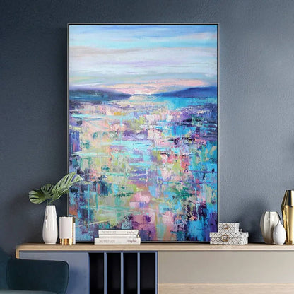 Room mockup. Pastel blue, pink, mint and purple textured patches below low blue hills and a pale softly striped sky.