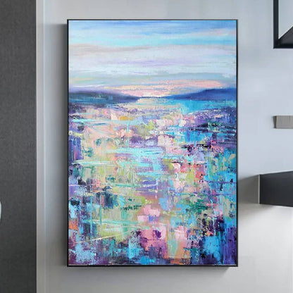 Room mockup. Pastel blue, pink, mint and purple textured patches below low blue hills and a pale softly striped sky.
