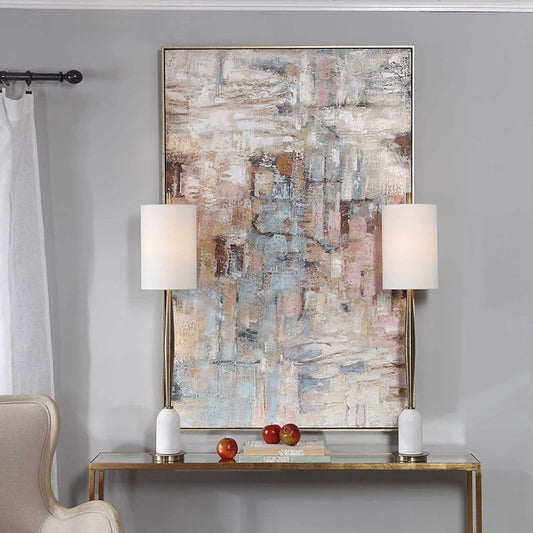 Room mockup. Soft grey, pink, beige and pale blue rectangular textures crossed by fine dark lines and small ochre patches.