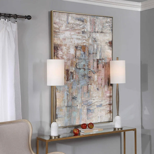 Room mockup. Soft grey, pink, beige and pale blue rectangular textures crossed by fine dark lines and small ochre patches.