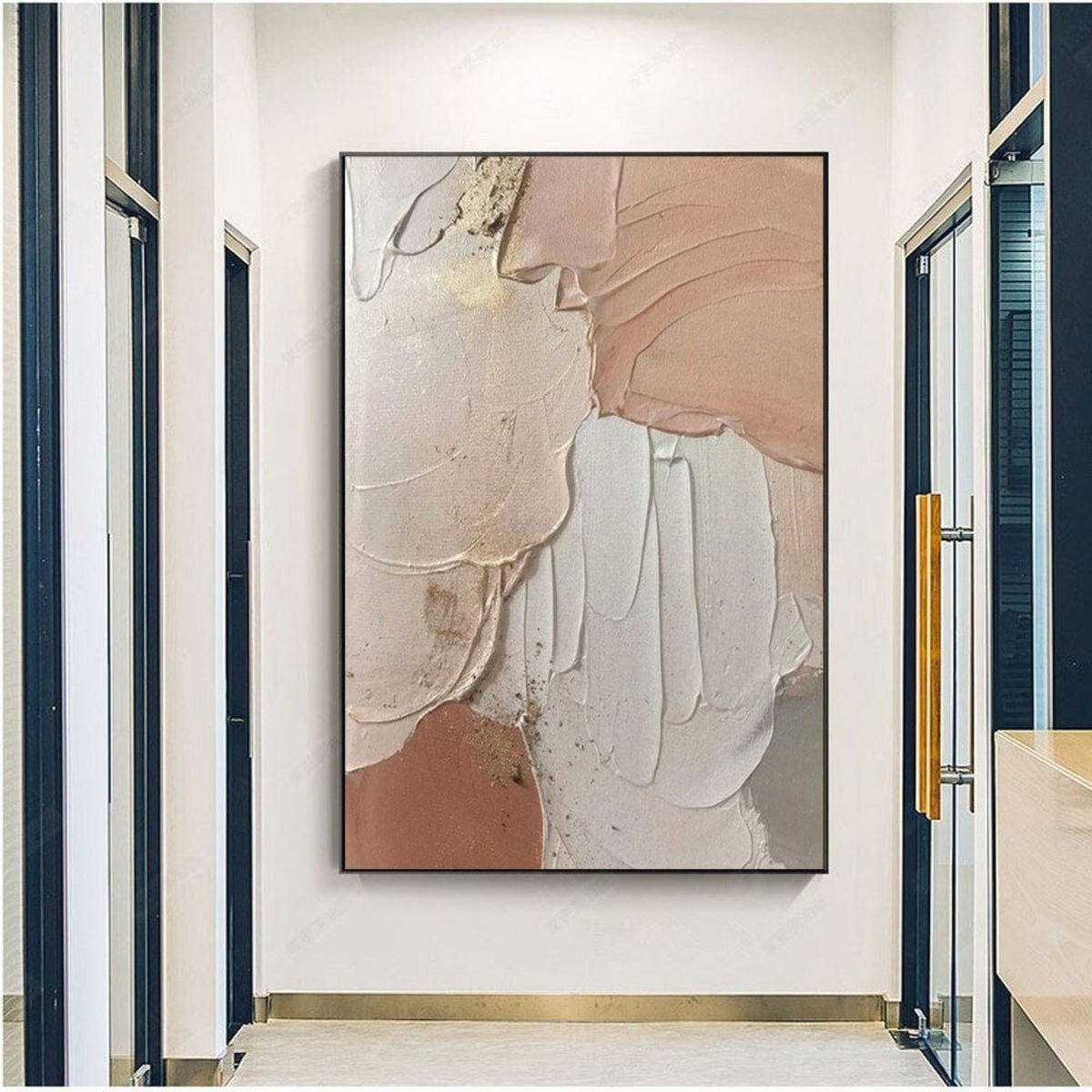 Room mockup. Broad peach, cream and pale grey curved fields with raised ridges and thin gold-coloured edges.