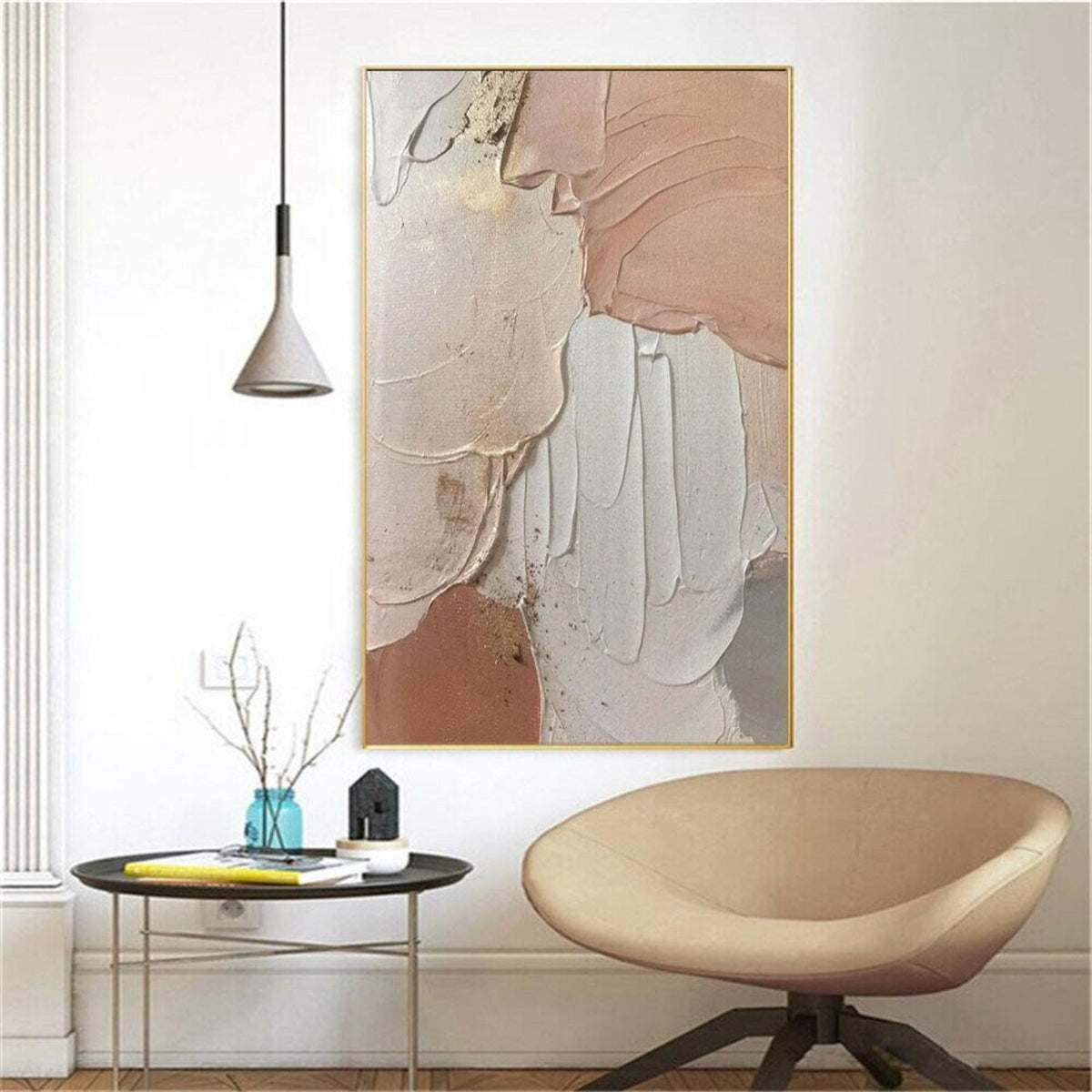Room mockup. Broad peach, cream and pale grey curved fields with raised ridges and thin gold-coloured edges.