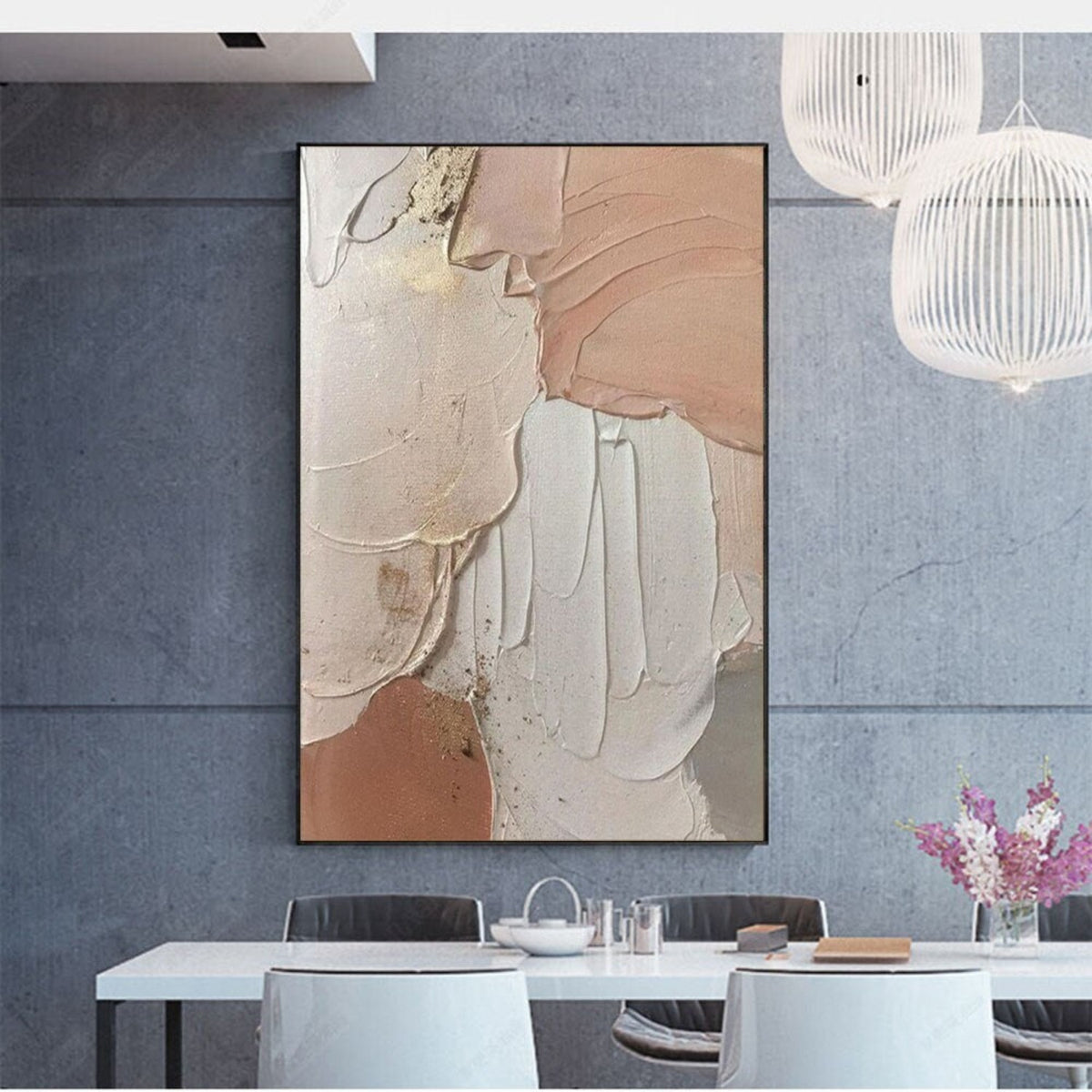 Room mockup. Broad peach, cream and pale grey curved fields with raised ridges and thin gold-coloured edges.