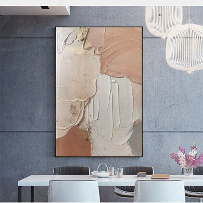 Room mockup. Broad peach, cream and pale grey curved fields with raised ridges and thin gold-coloured edges.