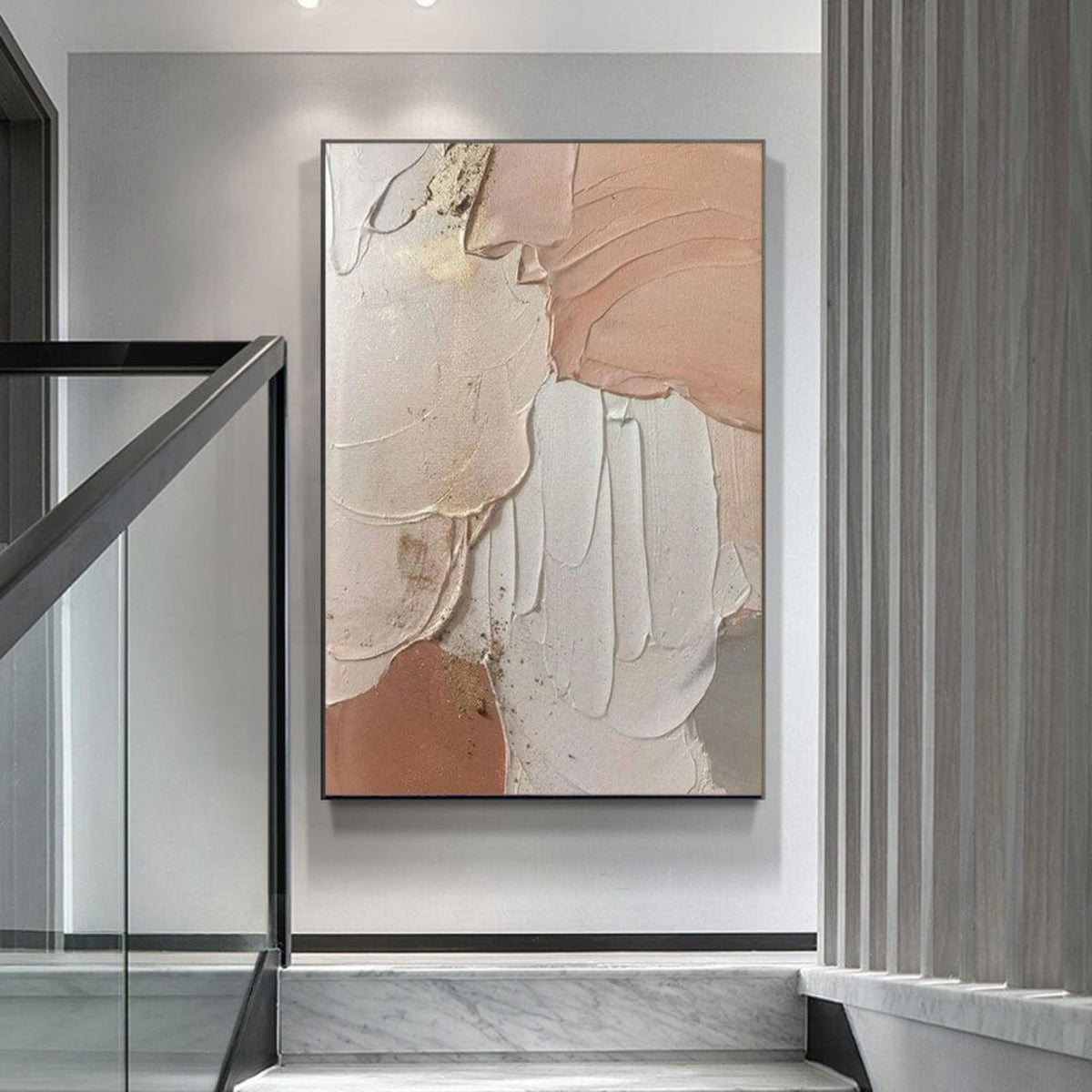 Room mockup. Broad peach, cream and pale grey curved fields with raised ridges and thin gold-coloured edges.