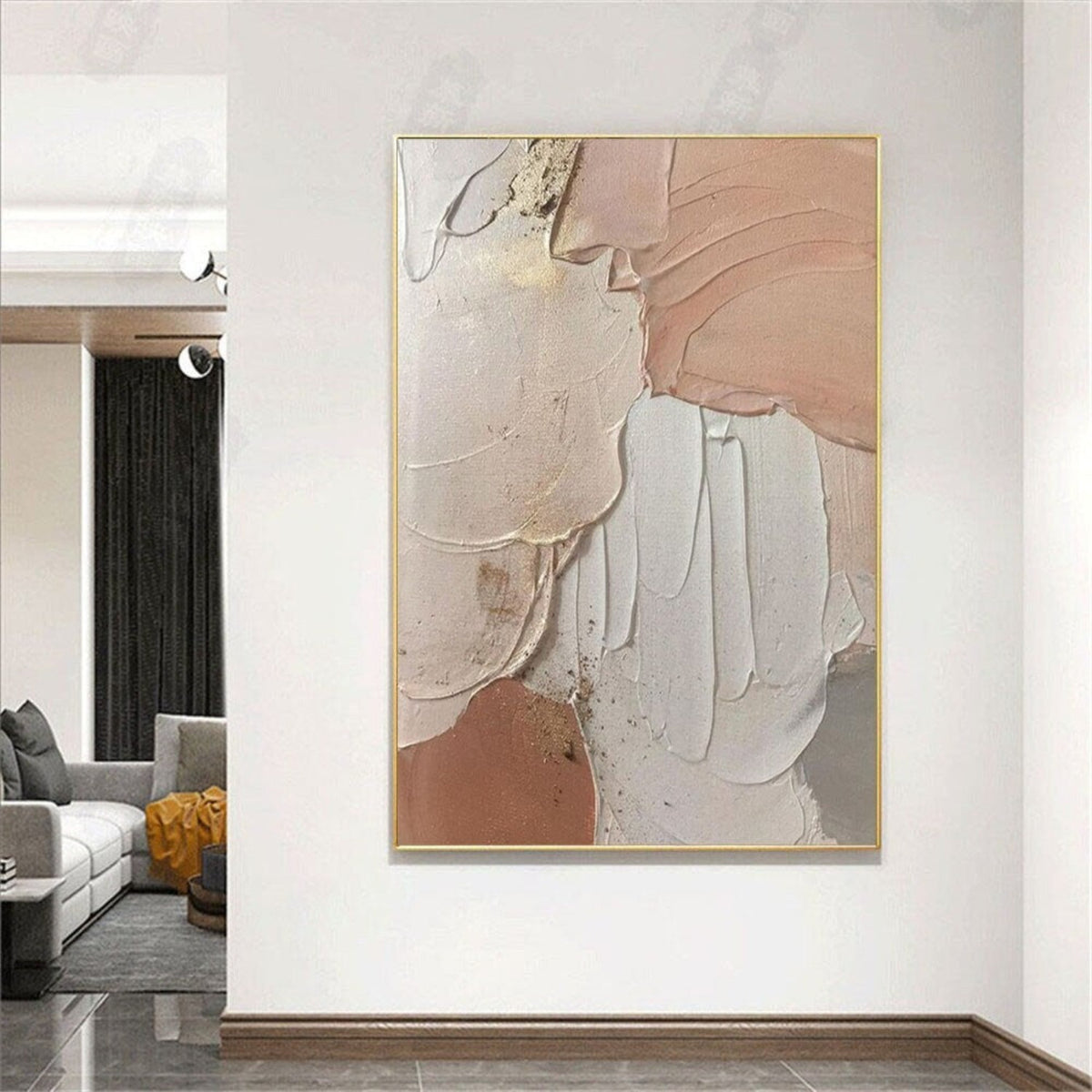 Room mockup. Broad peach, cream and pale grey curved fields with raised ridges and thin gold-coloured edges.