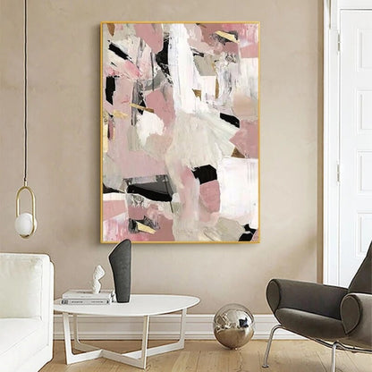Room mockup. Dusty pink, beige and white angular patches overlap short black strokes and fine gold-coloured accents.
