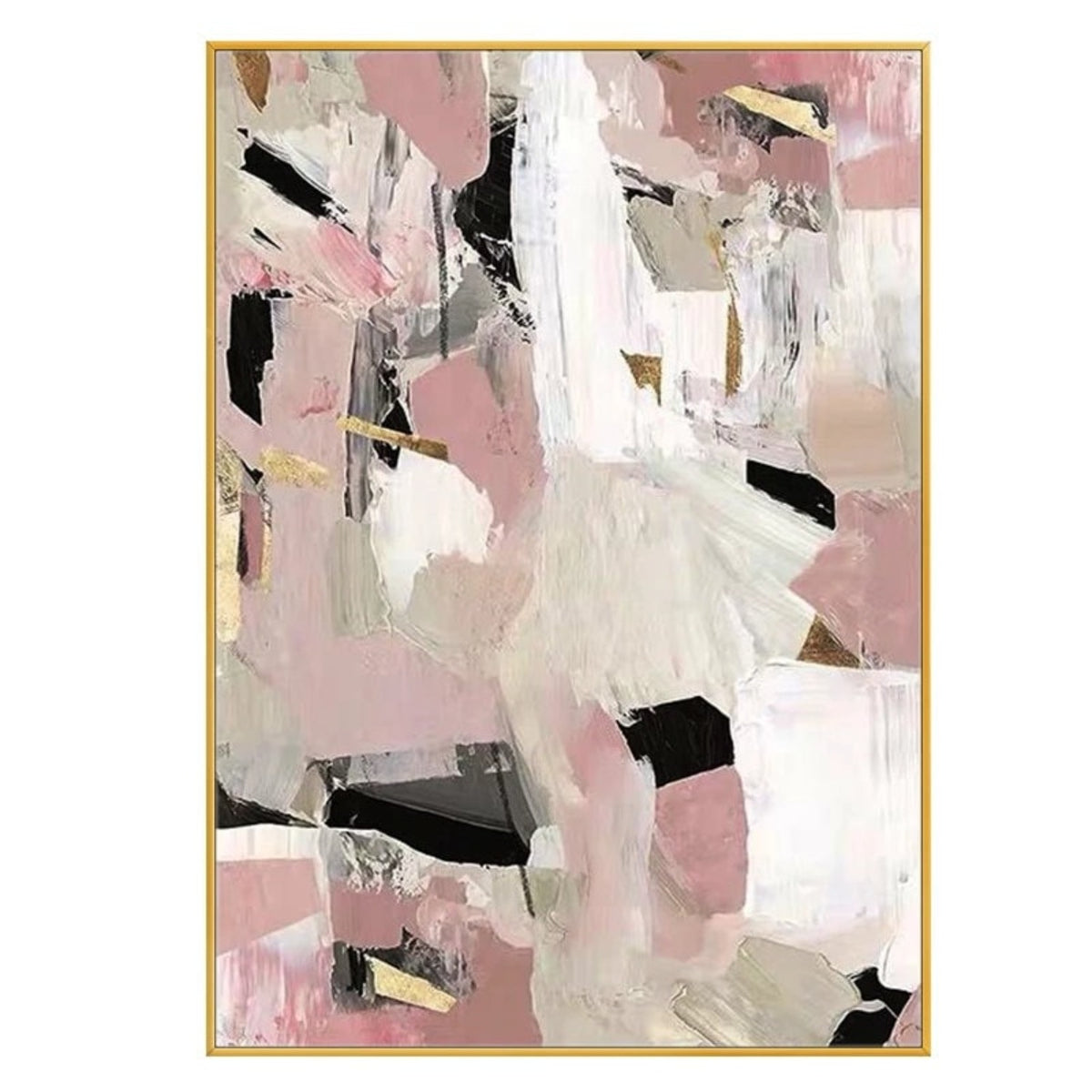 Dusty pink, beige and white angular patches overlap short black strokes and fine gold-coloured accents.