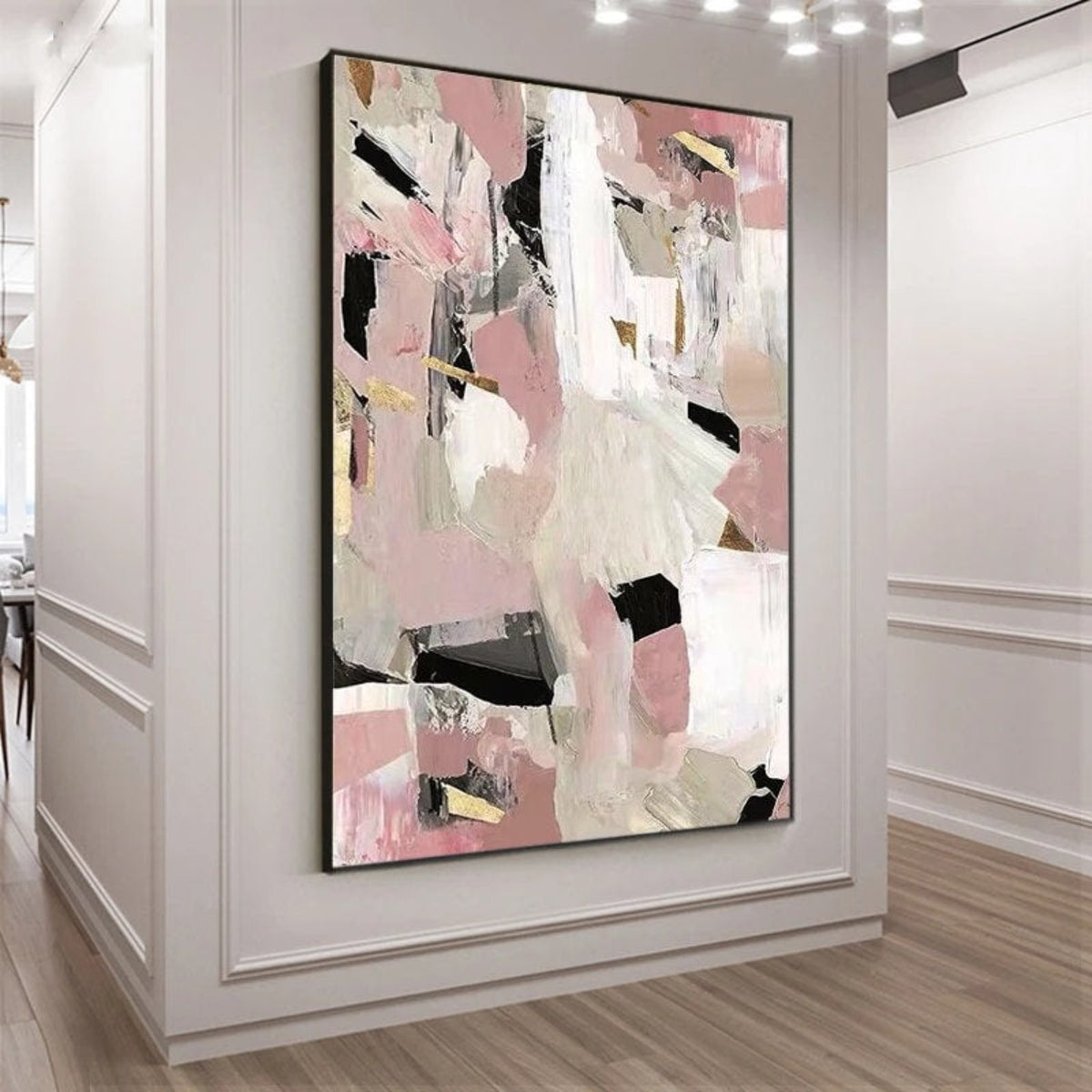Room mockup. Dusty pink, beige and white angular patches overlap short black strokes and fine gold-coloured accents.