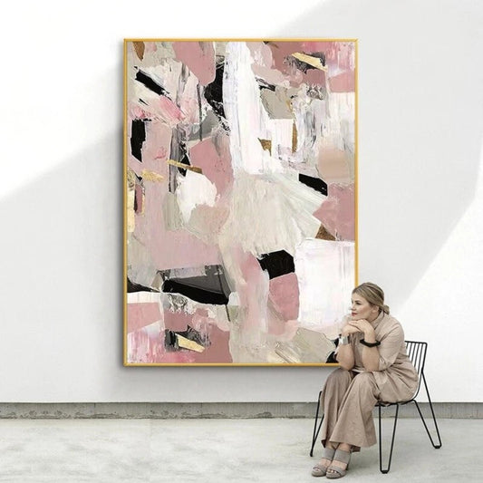 Room mockup. Dusty pink, beige and white angular patches overlap short black strokes and fine gold-coloured accents.