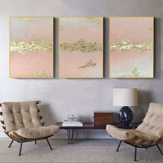 Room mockup. Three-panel artwork with pale pink and cream fields and rough gold-coloured patches.