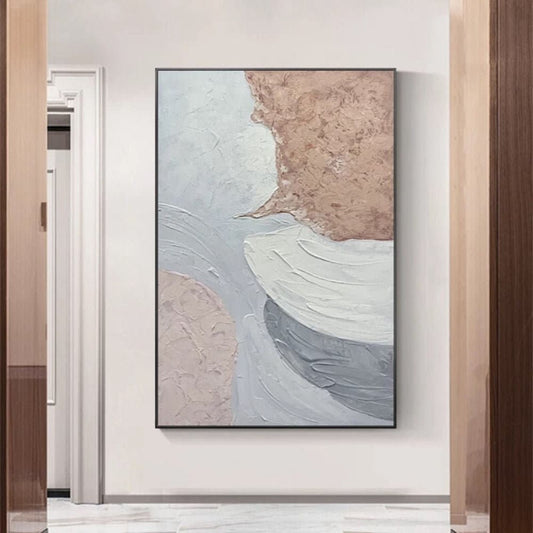 Room mockup. Broad dusty pink and pale blue-grey fields meet thick white curved ridges and a dark grey lower arc.