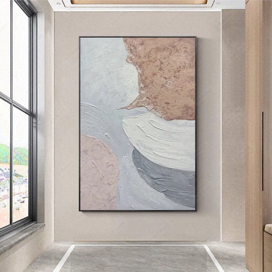 Room mockup. Broad dusty pink and pale blue-grey fields meet thick white curved ridges and a dark grey lower arc.