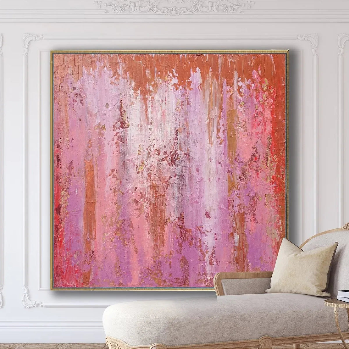 Room mockup showing pink and purple abstract painting with fine vertical drips, red accents and a narrow orange upper band.