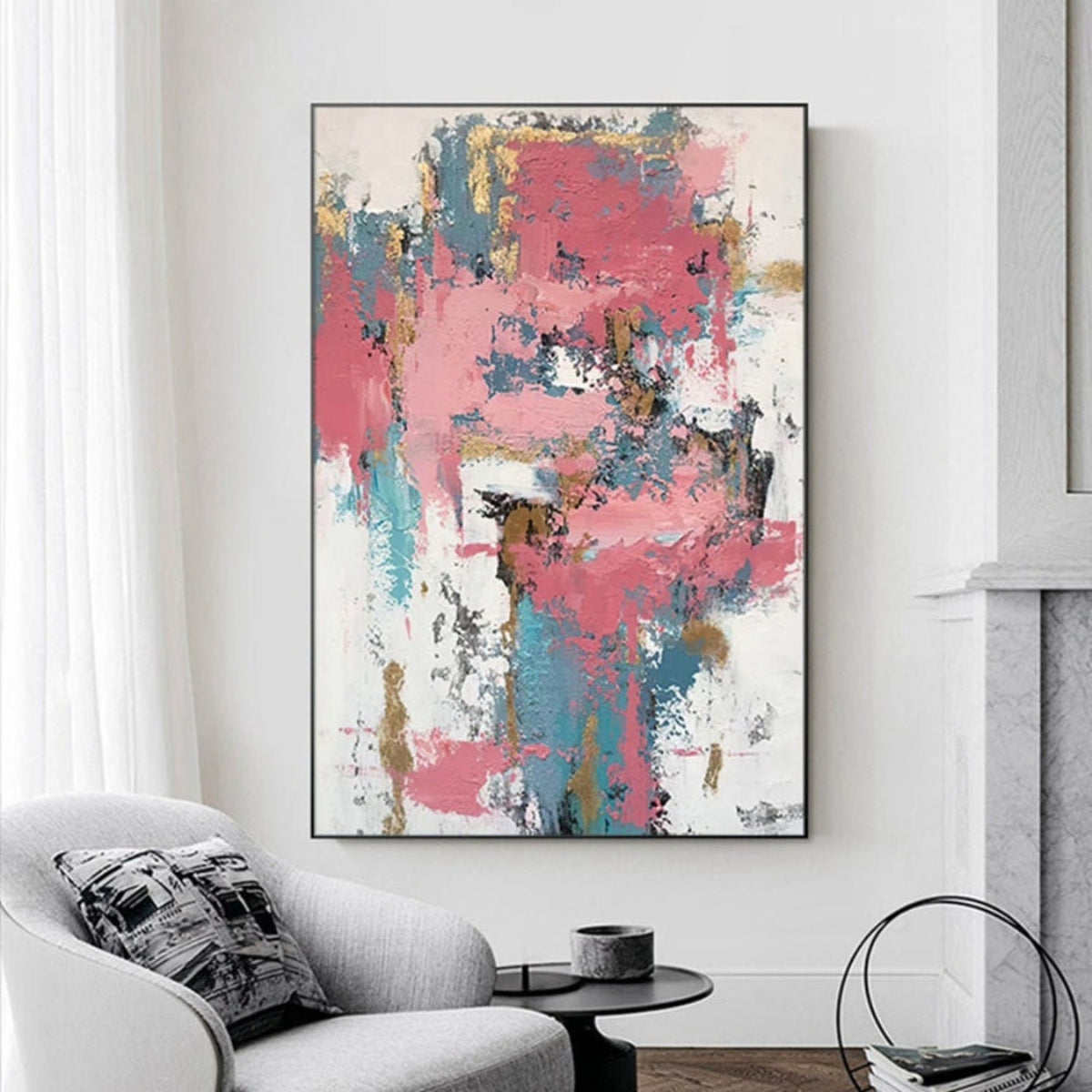 Room mockup. Broad dusty pink patches with teal vertical strokes, white gaps and small ochre and dark scraped marks.