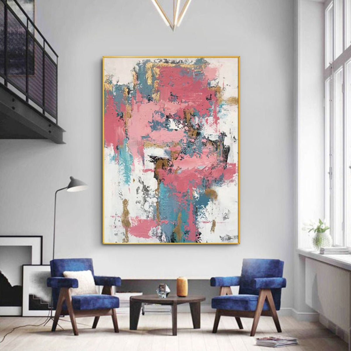 Room mockup. Broad dusty pink patches with teal vertical strokes, white gaps and small ochre and dark scraped marks.