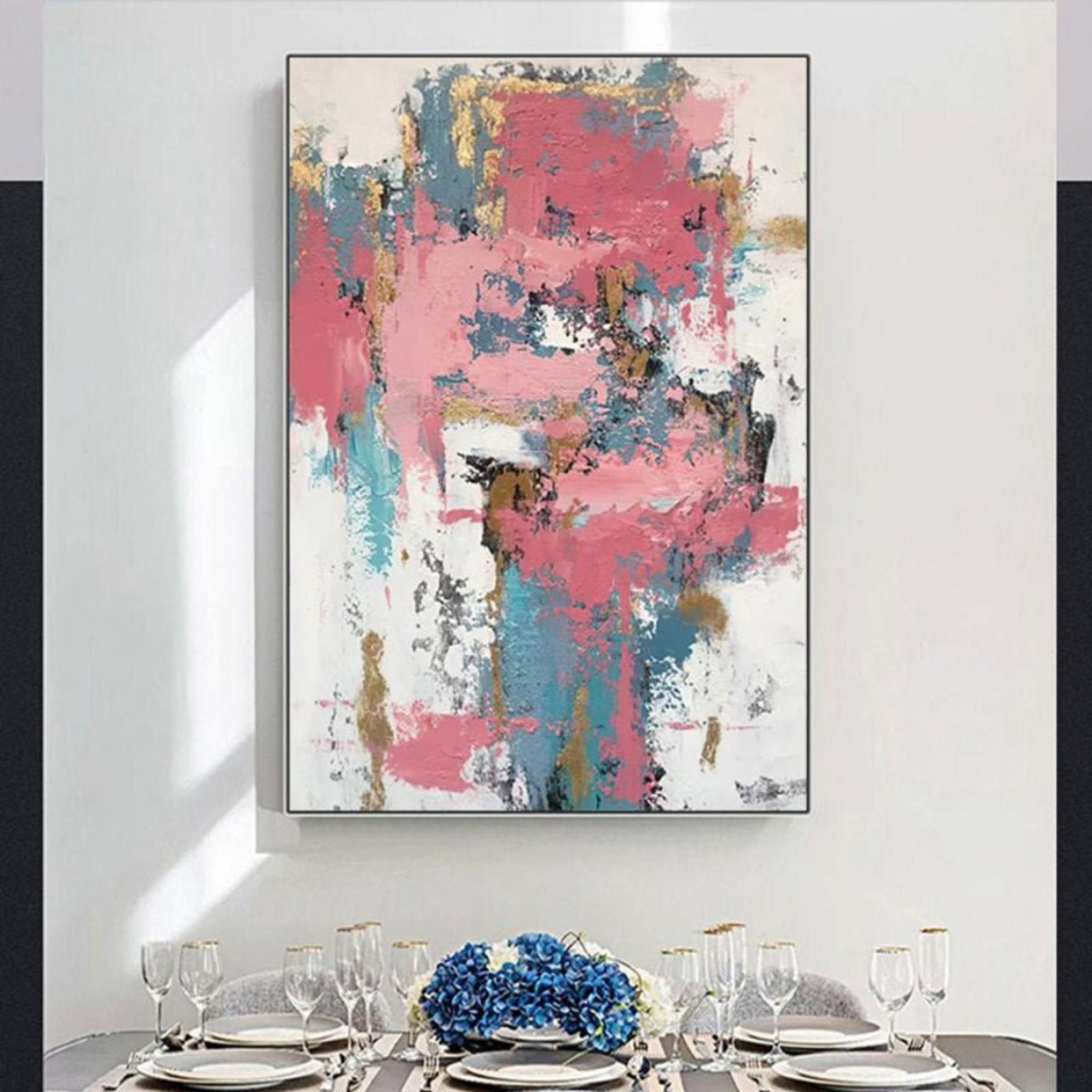 Room mockup. Broad dusty pink patches with teal vertical strokes, white gaps and small ochre and dark scraped marks.