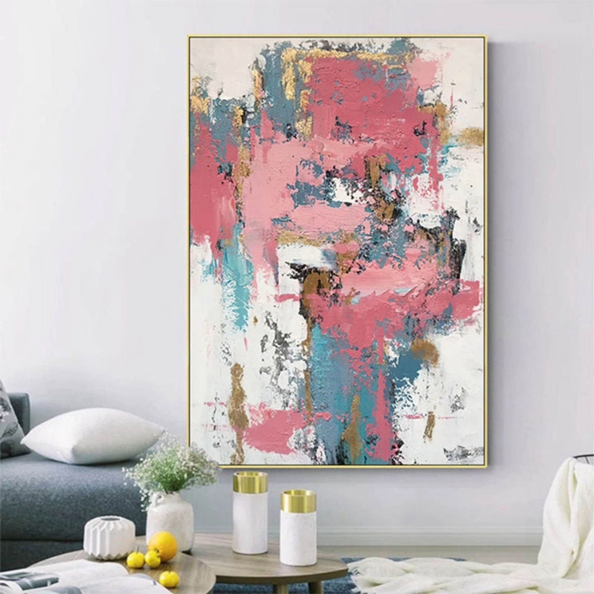 Room mockup. Broad dusty pink patches with teal vertical strokes, white gaps and small ochre and dark scraped marks.