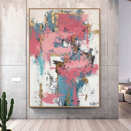 Room mockup. Broad dusty pink patches with teal vertical strokes, white gaps and small ochre and dark scraped marks.