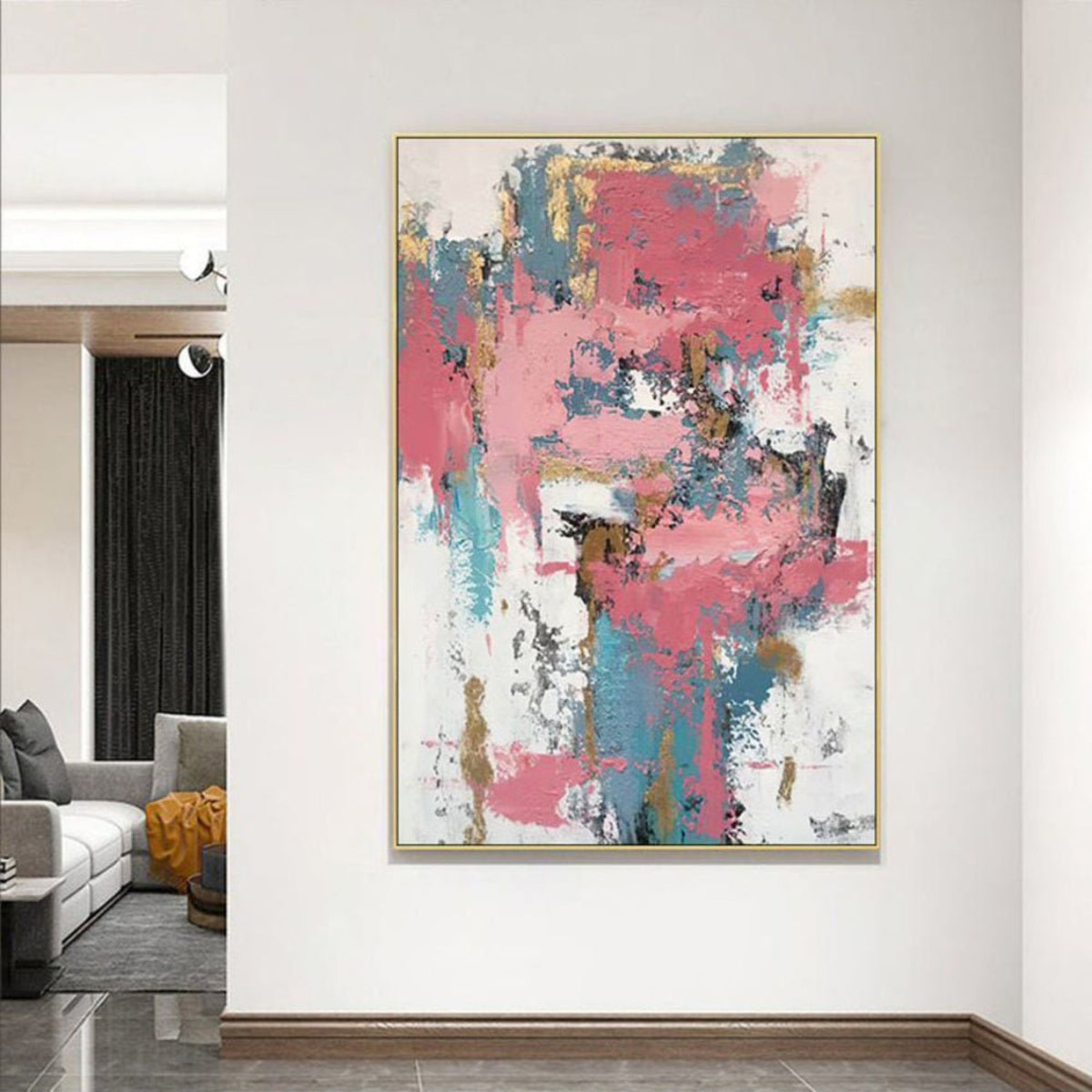 Room mockup. Broad dusty pink patches with teal vertical strokes, white gaps and small ochre and dark scraped marks.