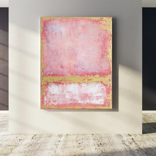 Room mockup showing geometric abstract painting with large pink and white rectangles divided by gold-coloured lines.