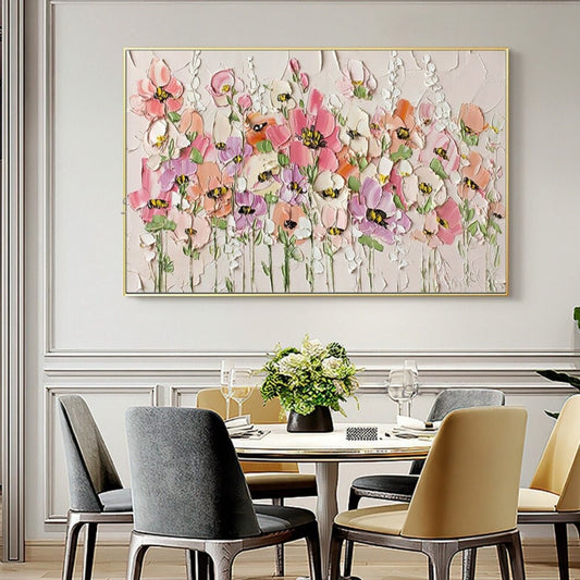 Room mockup. Pink, peach and white flowers on fine green stems with raised petal-like texture against warm cream.