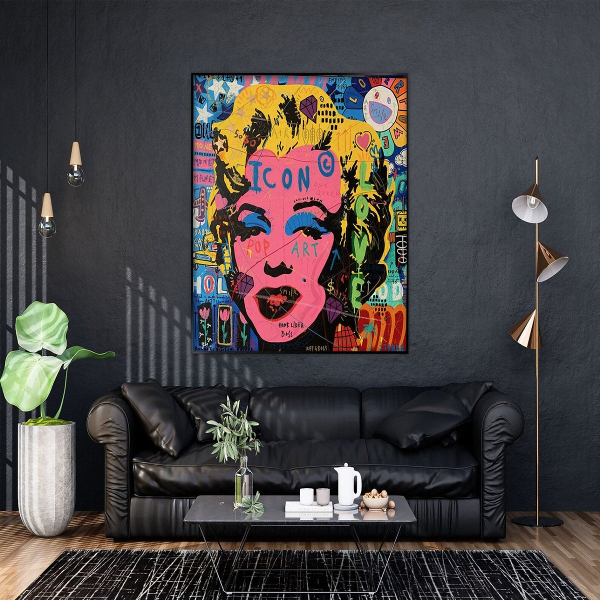 Room mockup. Marilyn Monroe portrait with a bright pink face, yellow hair and black outlines amid colourful graffiti lettering.