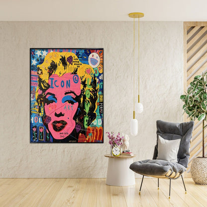 Room mockup. Marilyn Monroe portrait with a bright pink face, yellow hair and black outlines amid colourful graffiti lettering.