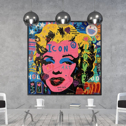 Room mockup. Marilyn Monroe portrait with a bright pink face, yellow hair and black outlines amid colourful graffiti lettering.