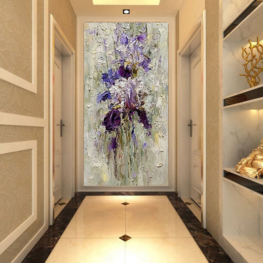 Room mockup. Purple and lavender iris-like blooms on fine green stems among thick cream and pale grey textured dabs.