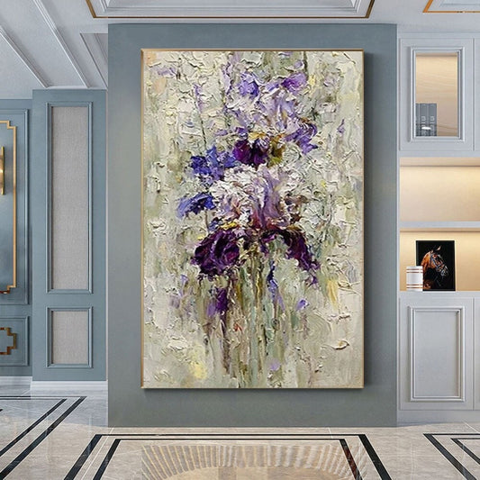 Room mockup. Purple and lavender iris-like blooms on fine green stems among thick cream and pale grey textured dabs.