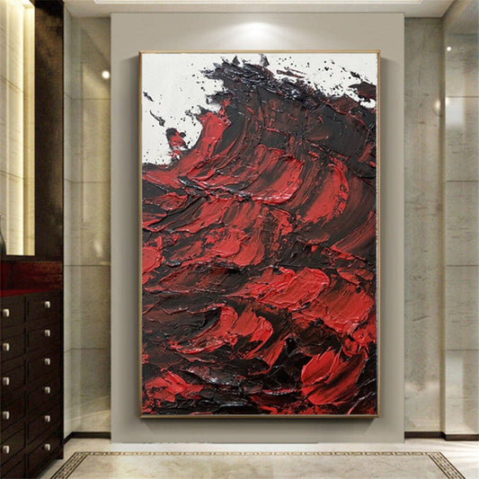 Room mockup. Heavy ridged red and black strokes sweep upward across a pale white upper corner.