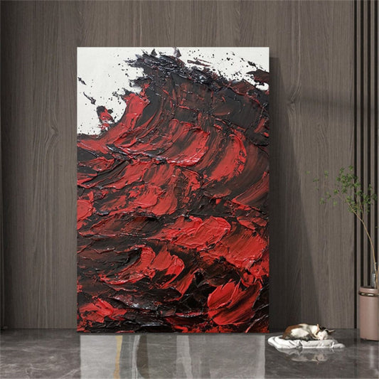 Room mockup. Heavy ridged red and black strokes sweep upward across a pale white upper corner.