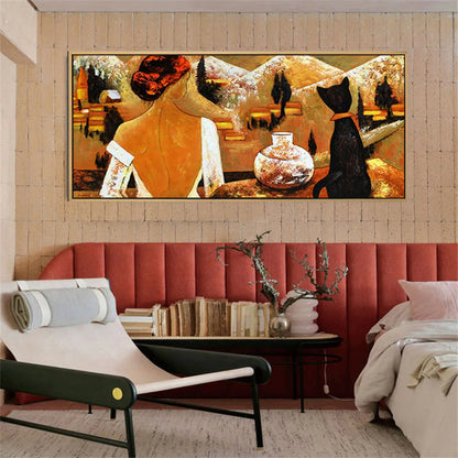 Room mockup. Woman in a white low-backed dress beside a black cat and patterned vase, against orange and brown shapes.