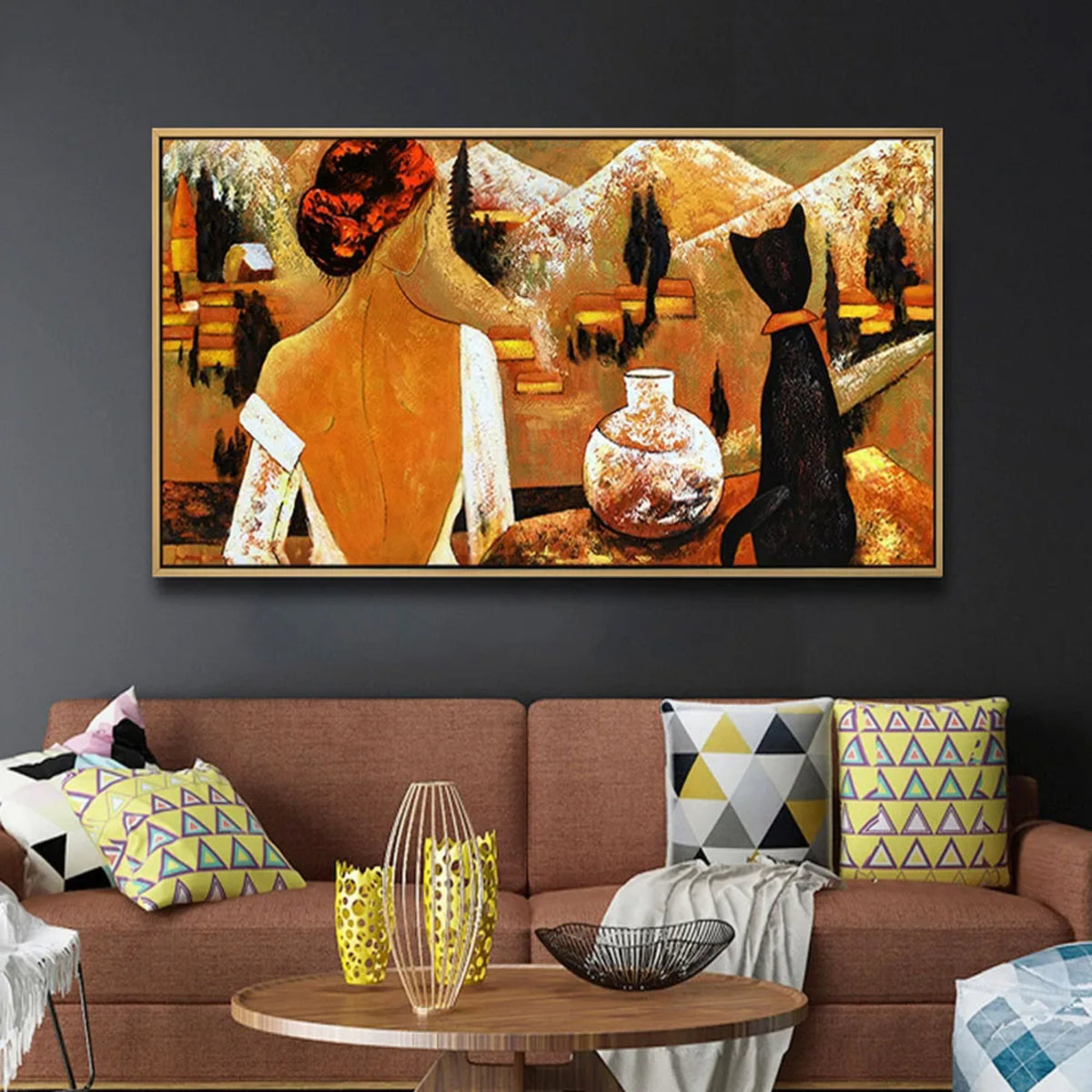 Room mockup. Woman in a white low-backed dress beside a black cat and patterned vase, against orange and brown shapes.