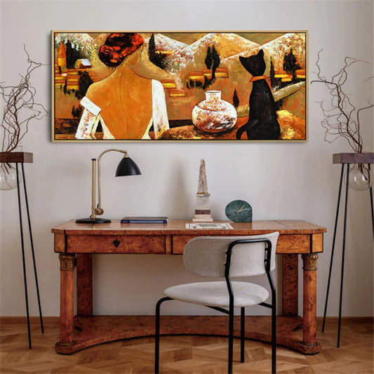 Room mockup. Woman in a white low-backed dress beside a black cat and patterned vase, against orange and brown shapes.