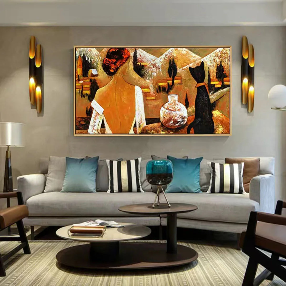 Room mockup. Woman in a white low-backed dress beside a black cat and patterned vase, against orange and brown shapes.