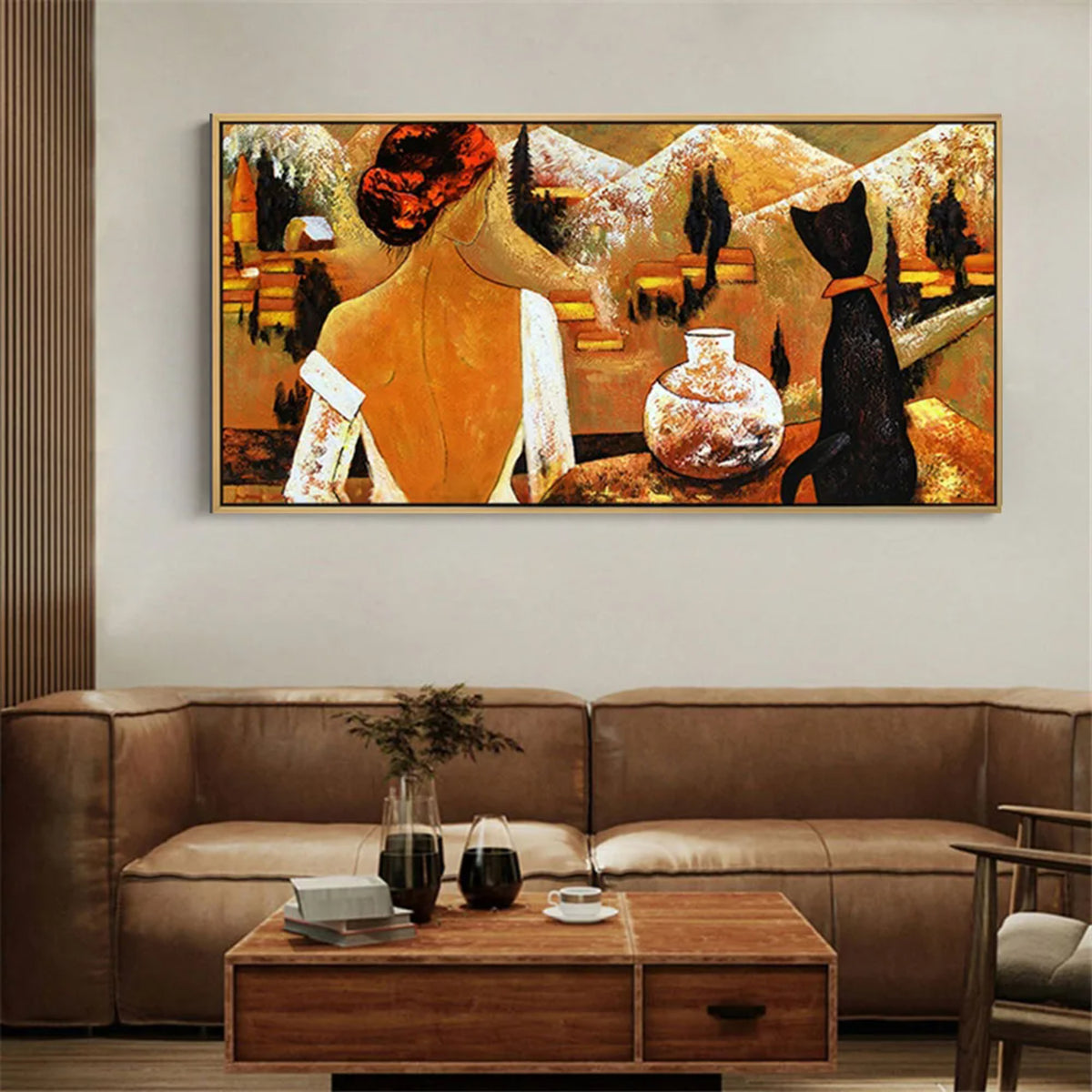 Room mockup. Woman in a white low-backed dress beside a black cat and patterned vase, against orange and brown shapes.