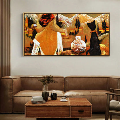 Room mockup. Woman in a white low-backed dress beside a black cat and patterned vase, against orange and brown shapes.