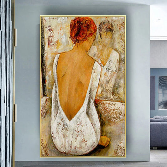 Room mockup. Red-haired woman seen from behind in a low-backed white dress against a muted cream and brown background.