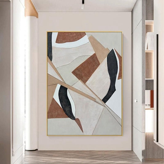 Room mockup. Rust and cream angular geometric forms with black leaf-like curves, crossed by long fine beige diagonal lines.