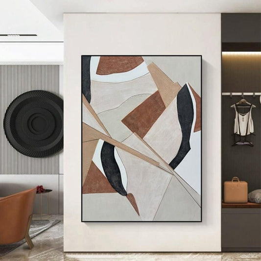 Room mockup. Rust and cream angular geometric forms with black leaf-like curves, crossed by long fine beige diagonal lines.